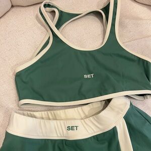SET Active Green and Cream Sports Bra and Shorts